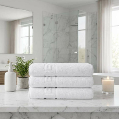 Set of Three White Greek Key Turkish Cotton 40" X 60" Bath Sheets HomeRoots