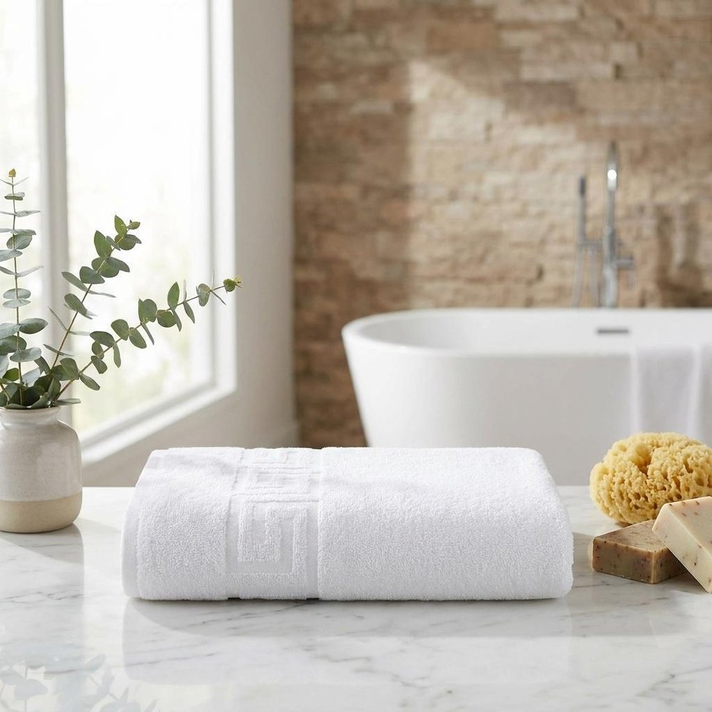 Set of Three White Greek Key Turkish Cotton 40" X 60" Bath Sheets — view 2
