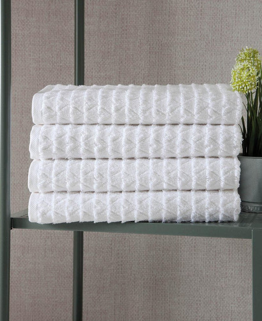 Set of Four White Geometric Turkish Cotton 27" X 54" Bath Towels HomeRoots