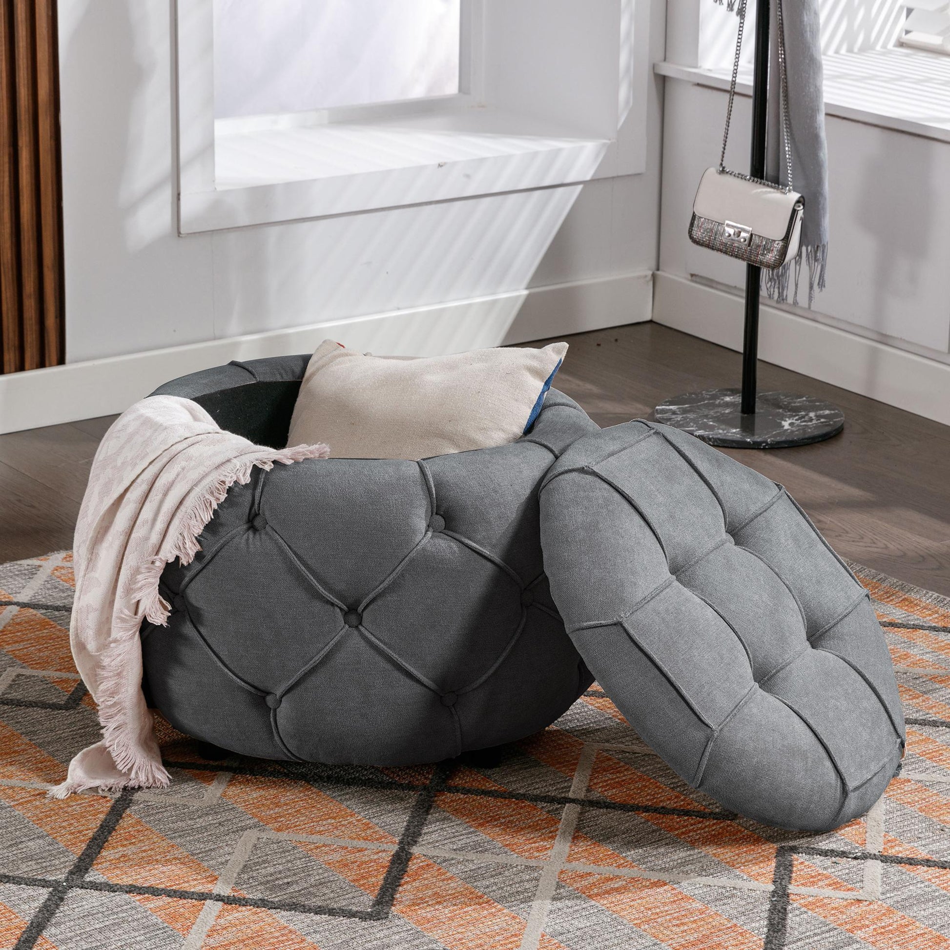 Large Button Tufted Woven Round Storage Footstool。Suitable for living room, bedroom, study - FurniFindUSA