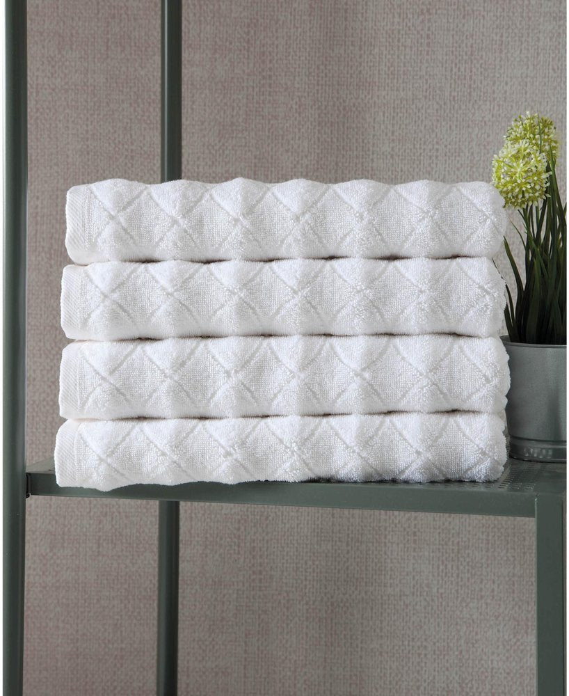 Set of Four White Geometric Turkish Cotton 27" X 54" Bath Towels HomeRoots