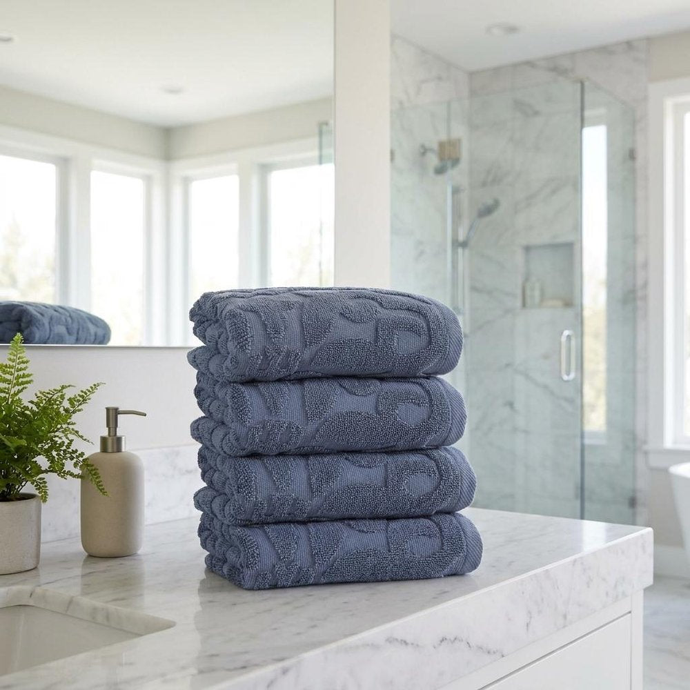 Set of Four Blue Floral Turkish Cotton 16" X 30" Hand Towels — view 9