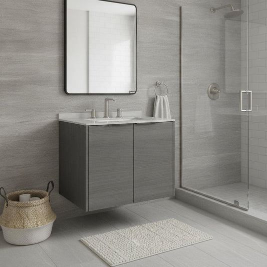 24" Gray Wood Floating Double Door Bathroom Vanity With White Ceramic Sink