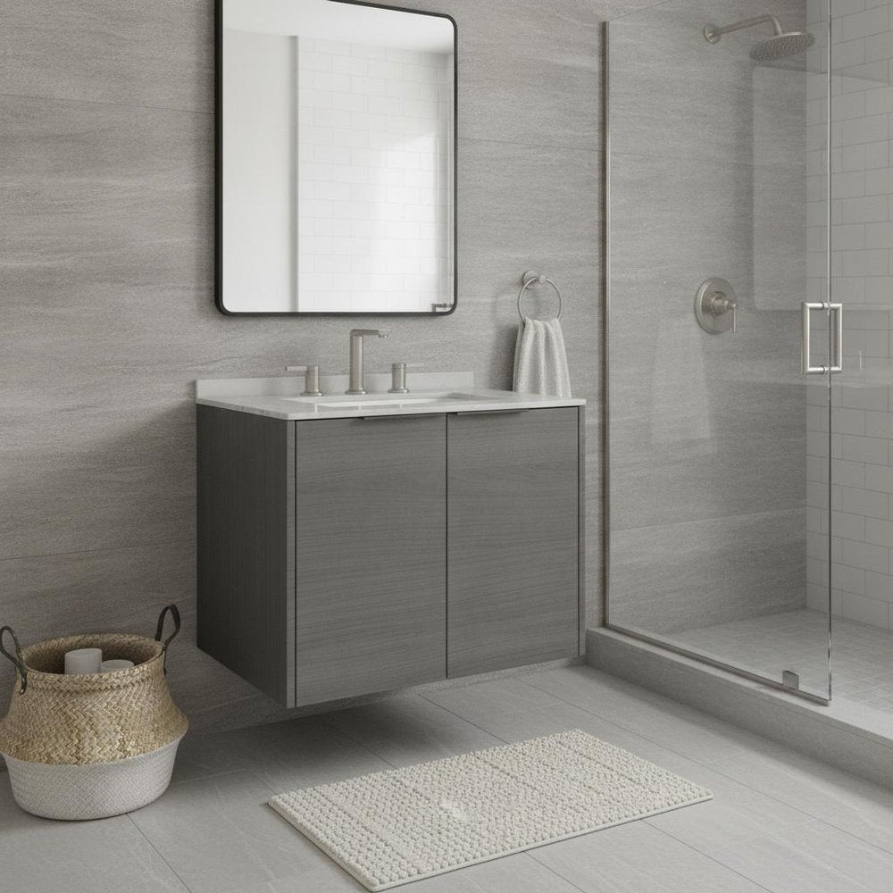 24" Gray Wood Floating Double Door Bathroom Vanity With White Ceramic Sink HomeRoots