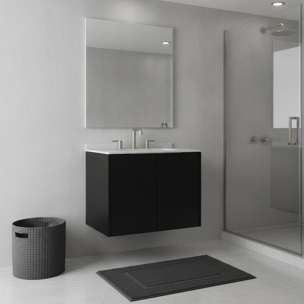 24" Black Wood Floating Double Door Bathroom Vanity With White Ceramic Sink HomeRoots