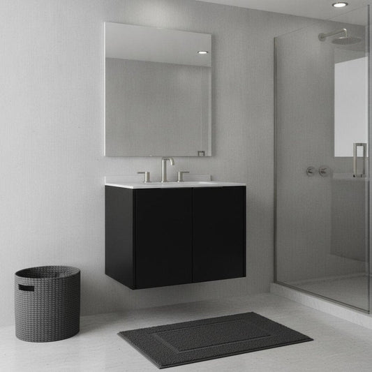 24" Black Wood Floating Double Door Bathroom Vanity With White Ceramic Sink