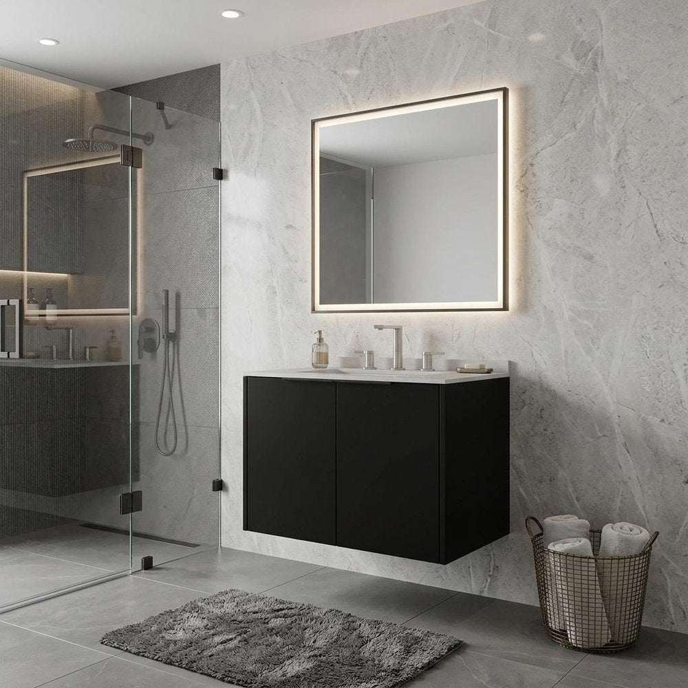 24" Black Wood Floating Double Door Bathroom Vanity With White Ceramic Sink