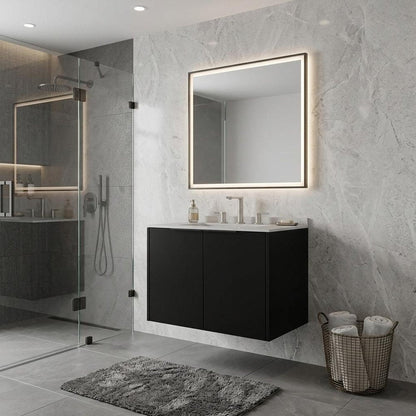 24" Black Wood Floating Double Door Bathroom Vanity With White Ceramic Sink