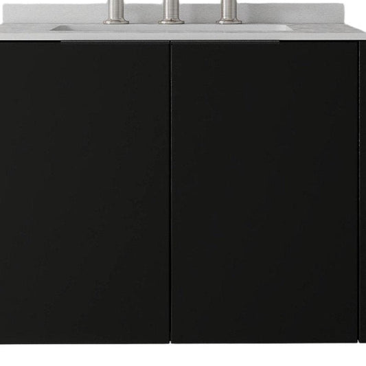 24" Black Wood Floating Double Door Bathroom Vanity With White Ceramic Sink