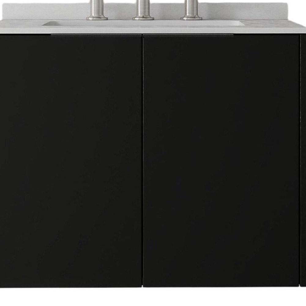 24" Black Wood Floating Double Door Bathroom Vanity With White Ceramic Sink — view 2