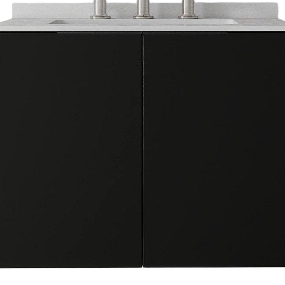 24" Black Wood Floating Double Door Bathroom Vanity With White Ceramic Sink HomeRoots