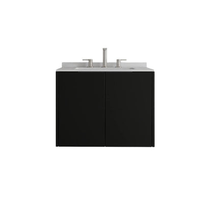 24" Black Wood Floating Double Door Bathroom Vanity With White Ceramic Sink
