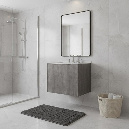 24" Gray Wood Floating Double Door Bathroom Vanity With White Ceramic Sink