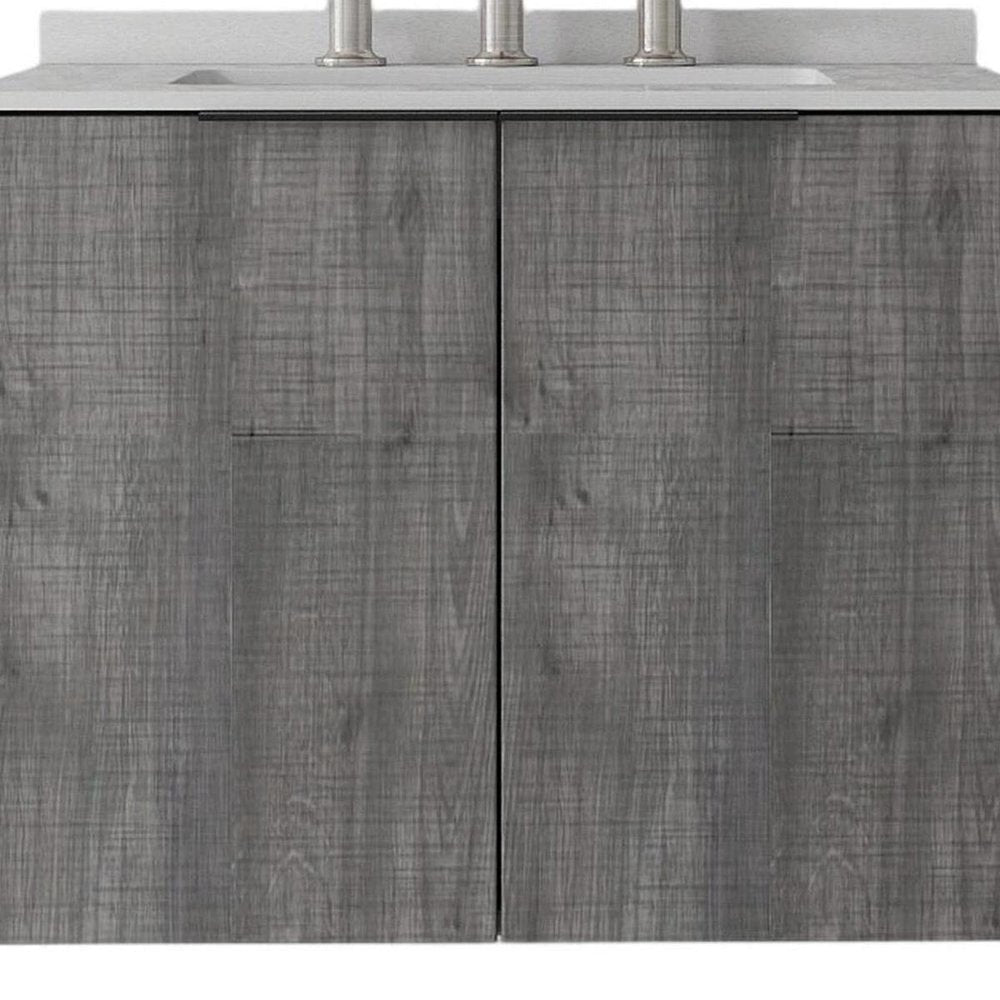 24" Gray Wood Floating Double Door Bathroom Vanity With White Ceramic Sink — view 4