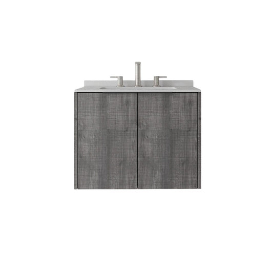 24" Gray Wood Floating Double Door Bathroom Vanity With White Ceramic Sink