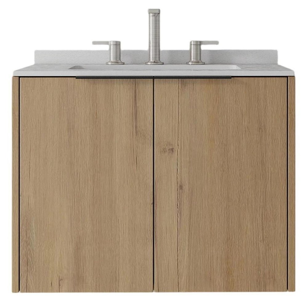 24" Brown Wood Floating Double Door Bathroom Vanity With White Ceramic Sink HomeRoots