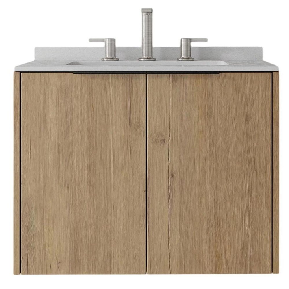 24" Brown Wood Floating Double Door Bathroom Vanity With White Ceramic Sink — view 5