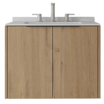 24" Brown Wood Floating Double Door Bathroom Vanity With White Ceramic Sink HomeRoots