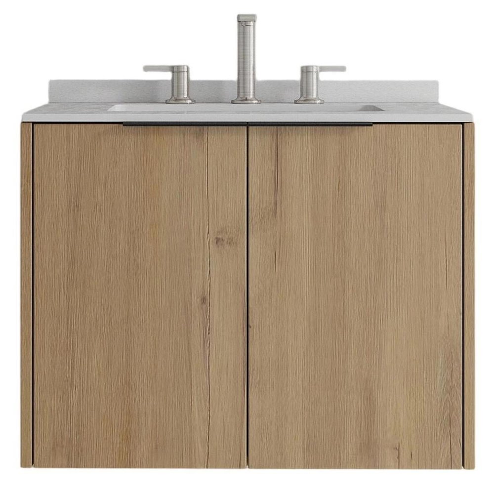 24" Brown Wood Floating Double Door Bathroom Vanity With White Ceramic Sink — view 6