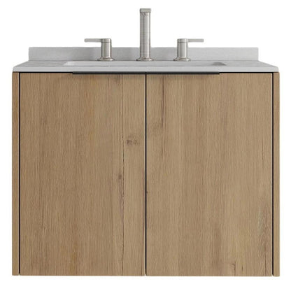 24" Brown Wood Floating Double Door Bathroom Vanity With White Ceramic Sink HomeRoots