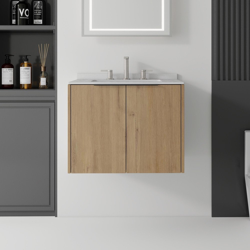 24" Brown Wood Floating Double Door Bathroom Vanity With White Ceramic Sink HomeRoots