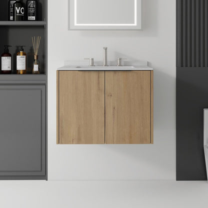 24" Brown Wood Floating Double Door Bathroom Vanity With White Ceramic Sink HomeRoots