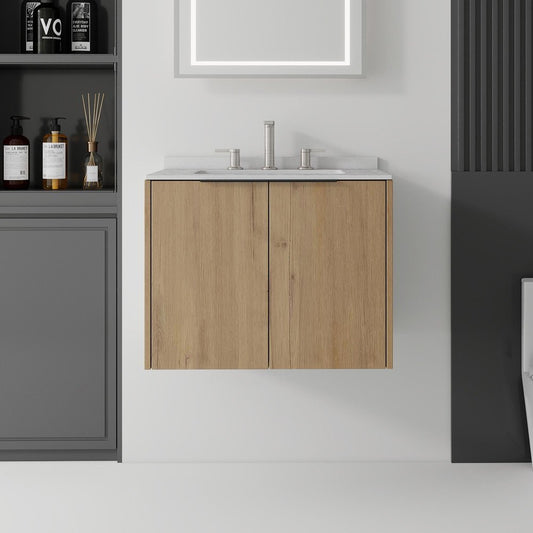 24" Brown Wood Floating Double Door Bathroom Vanity With White Ceramic Sink