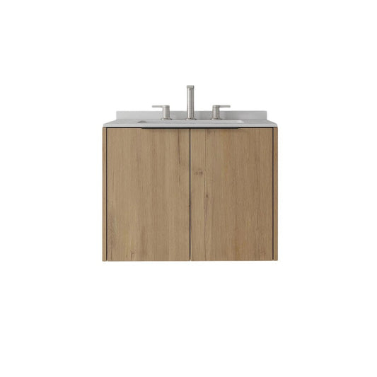 24" Brown Wood Floating Double Door Bathroom Vanity With White Ceramic Sink