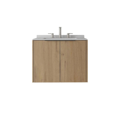 24" Brown Wood Floating Double Door Bathroom Vanity With White Ceramic Sink HomeRoots