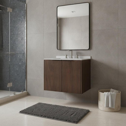 24" Brown Wood Floating Double Door Bathroom Vanity With White Ceramic Sink HomeRoots