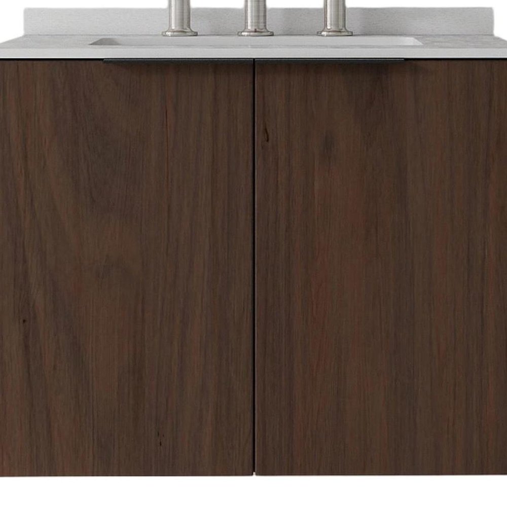 24" Brown Wood Floating Double Door Bathroom Vanity With White Ceramic Sink — view 4