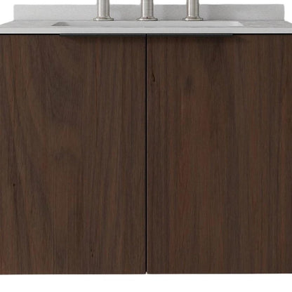 24" Brown Wood Floating Double Door Bathroom Vanity With White Ceramic Sink HomeRoots