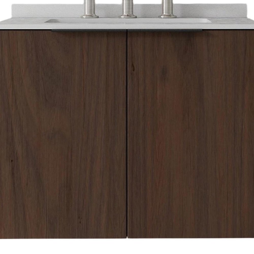 24" Brown Wood Floating Double Door Bathroom Vanity With White Ceramic Sink — view 5