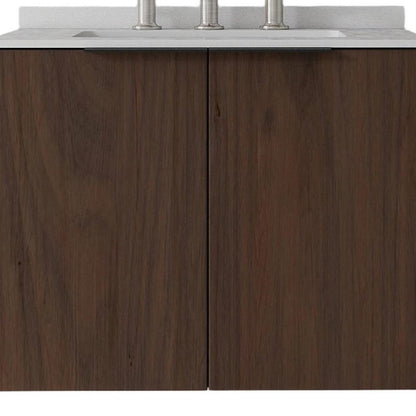 24" Brown Wood Floating Double Door Bathroom Vanity With White Ceramic Sink HomeRoots