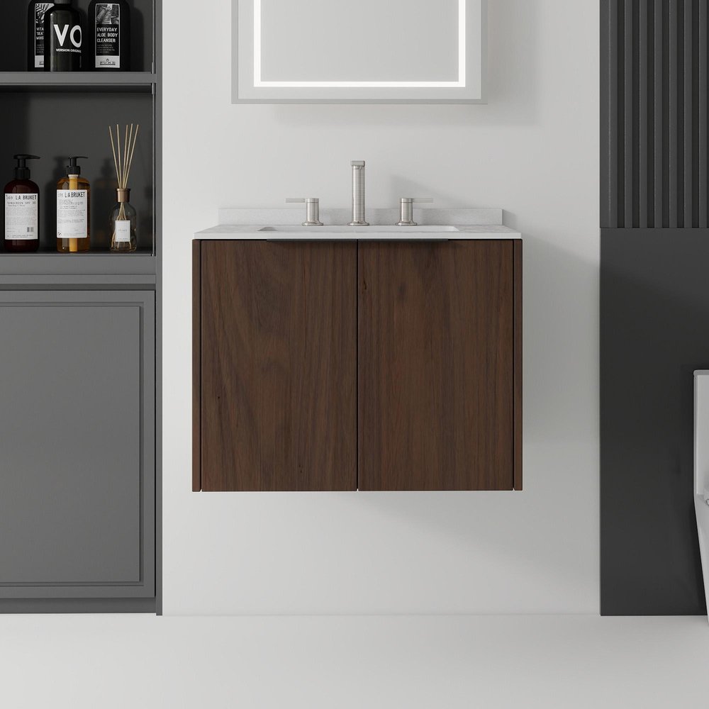 24" Brown Wood Floating Double Door Bathroom Vanity With White Ceramic Sink — view 1