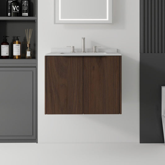 24" Brown Wood Floating Double Door Bathroom Vanity With White Ceramic Sink