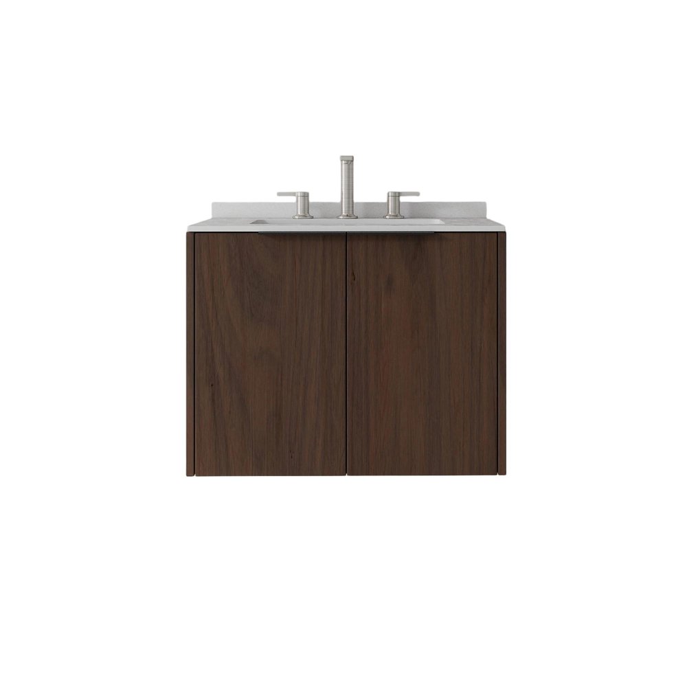 24" Brown Wood Floating Double Door Bathroom Vanity With White Ceramic Sink HomeRoots