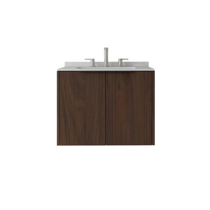 24" Brown Wood Floating Double Door Bathroom Vanity With White Ceramic Sink HomeRoots