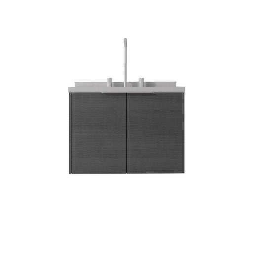24" Gray Wood Floating Double Door Bathroom Vanity With White Ceramic Sink