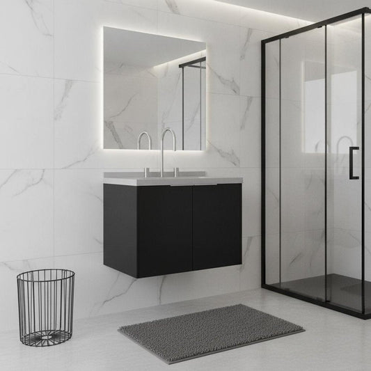 24" Black Wood Floating Double Door Bathroom Vanity With White Ceramic Sink