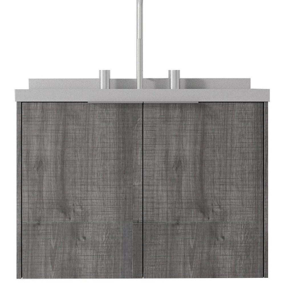 24" Gray Wood Floating Double Door Bathroom Vanity With White Ceramic Sink — view 3