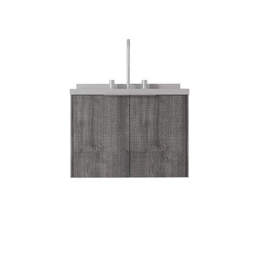 24" Gray Wood Floating Double Door Bathroom Vanity With White Ceramic Sink