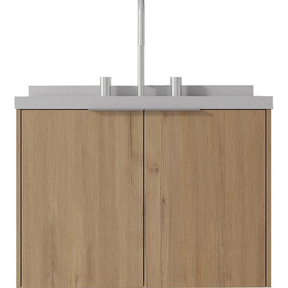 24" Brown Wood Floating Double Door Bathroom Vanity With White Ceramic Sink — view 3
