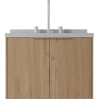 24" Brown Wood Floating Double Door Bathroom Vanity With White Ceramic Sink HomeRoots