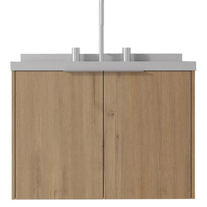 24" Brown Wood Floating Double Door Bathroom Vanity With White Ceramic Sink