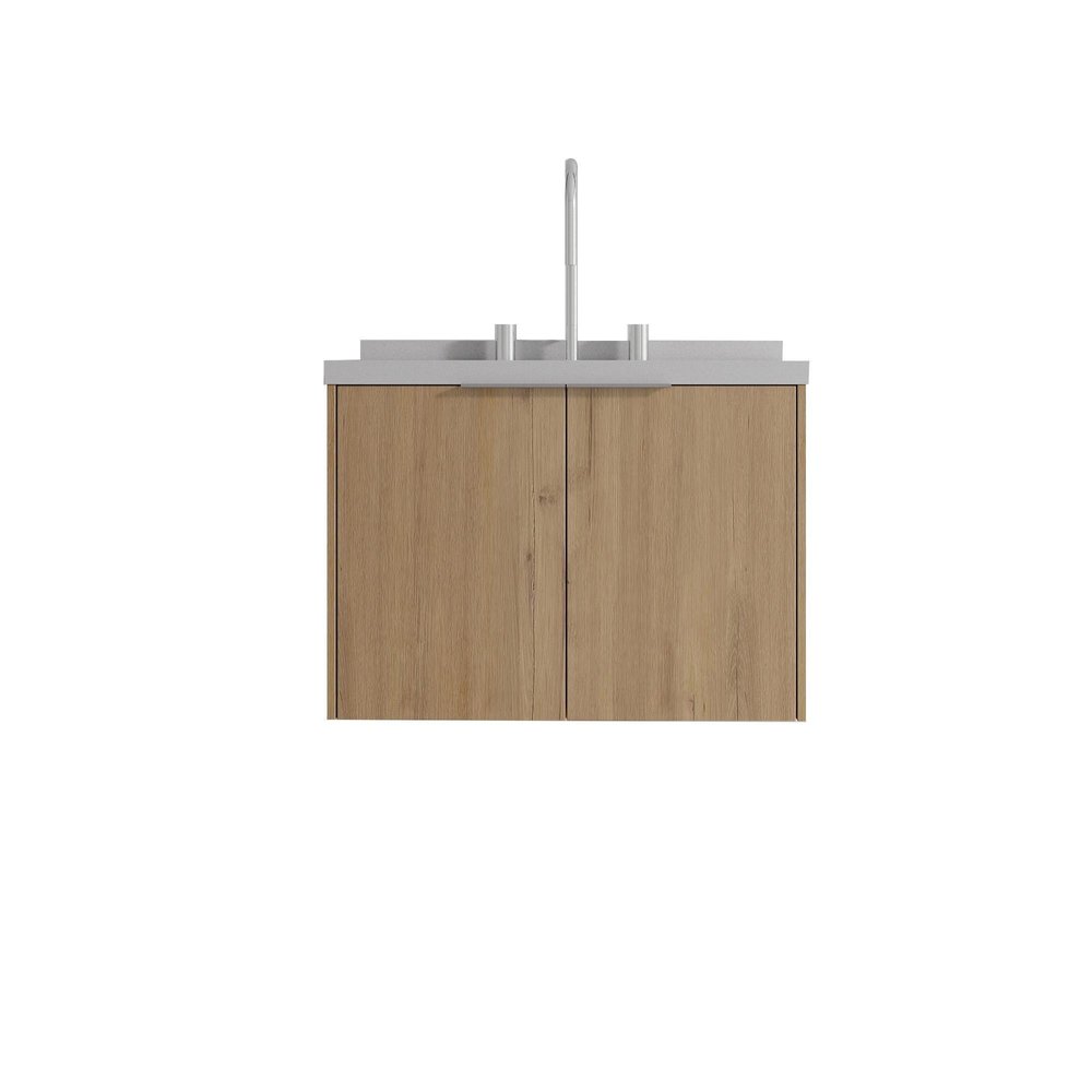 24" Brown Wood Floating Double Door Bathroom Vanity With White Ceramic Sink