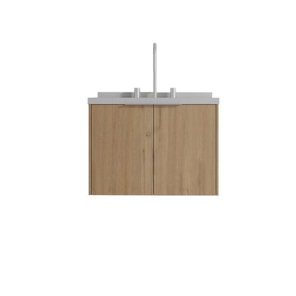 24" Brown Wood Floating Double Door Bathroom Vanity With White Ceramic Sink