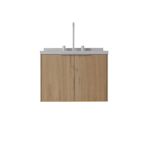 24" Brown Wood Floating Double Door Bathroom Vanity With White Ceramic Sink