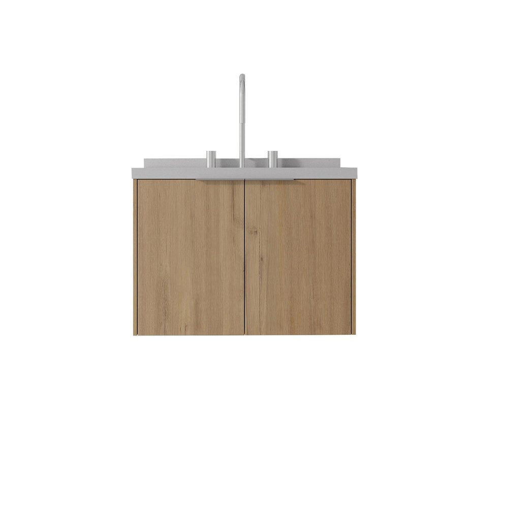 24" Brown Wood Floating Double Door Bathroom Vanity With White Ceramic Sink — view 1