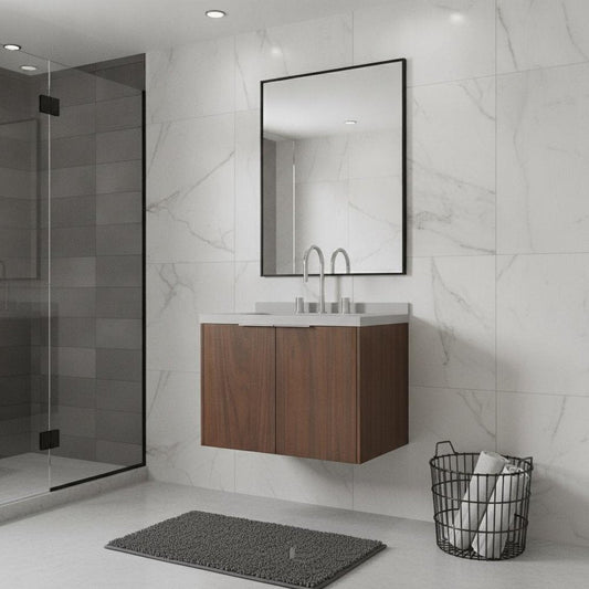 24" Brown Wood Floating Double Door Bathroom Vanity With White Ceramic Sink